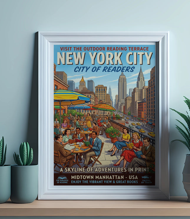 New York City poster with outdoor reading scene, skyscrapers, and text about Midtown Manhattan.