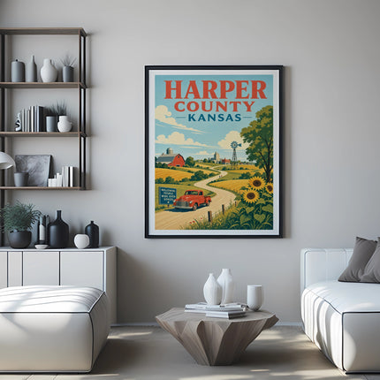 Harper County, Kansas vintage travel poster with farm and sunflowers.