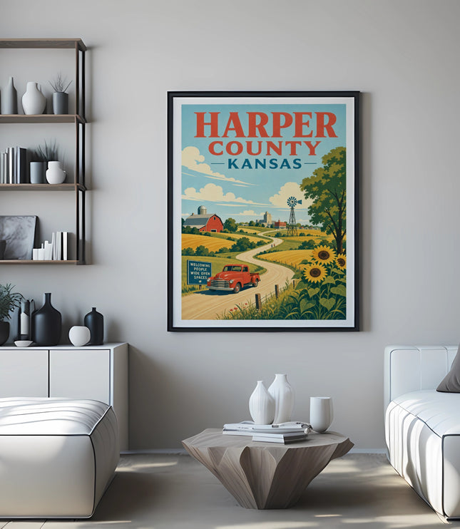 Harper County, Kansas vintage travel poster with farm and sunflowers.