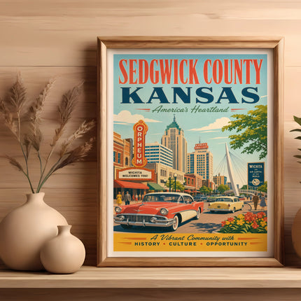 Vintage Sedgwick County, Kansas travel poster with "Wichita Welcomes You."