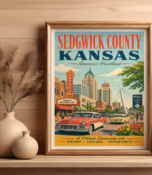 Vintage Sedgwick County, Kansas travel poster with "Wichita Welcomes You."