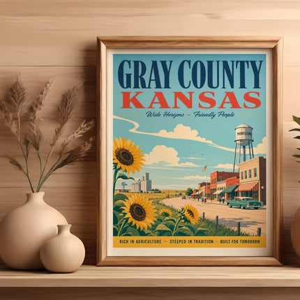 Vintage poster of Gray County, Kansas, featuring sunflowers and the town of Montezuma.