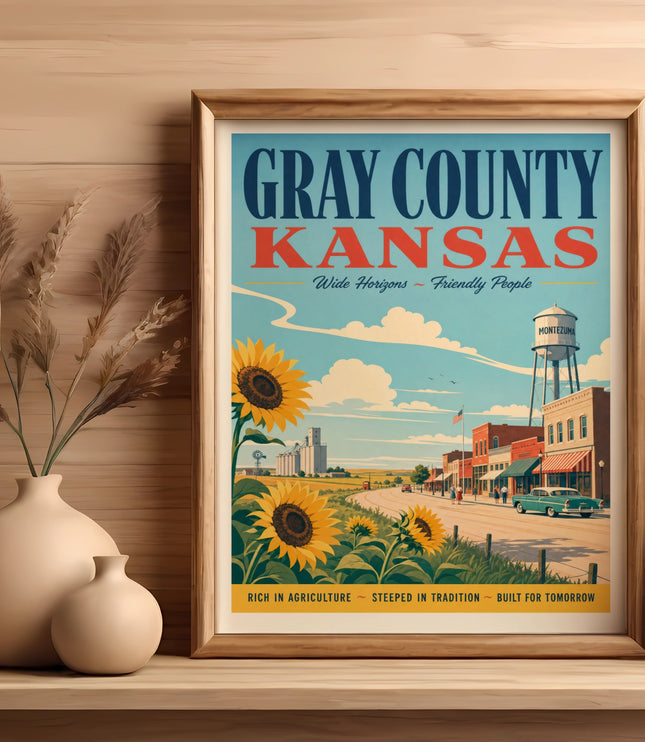 Vintage poster of Gray County, Kansas, featuring sunflowers and the town of Montezuma.