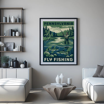 Pennsylvania Fly Fishing vintage travel poster on wall above couch.