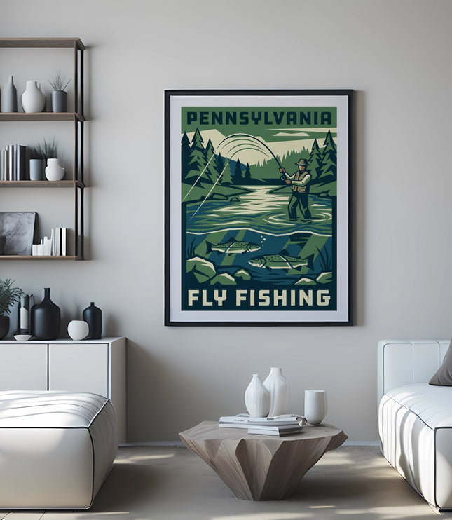 Pennsylvania Fly Fishing vintage travel poster on wall above couch.