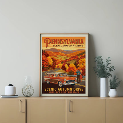 Pennsylvania scenic autumn drive poster with vintage car and colorful trees.