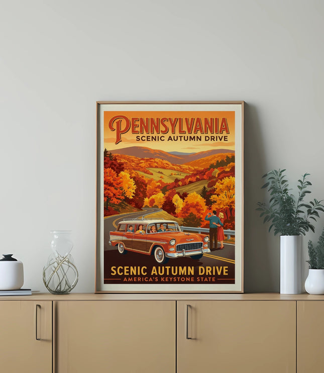 Pennsylvania scenic autumn drive poster with vintage car and colorful trees.