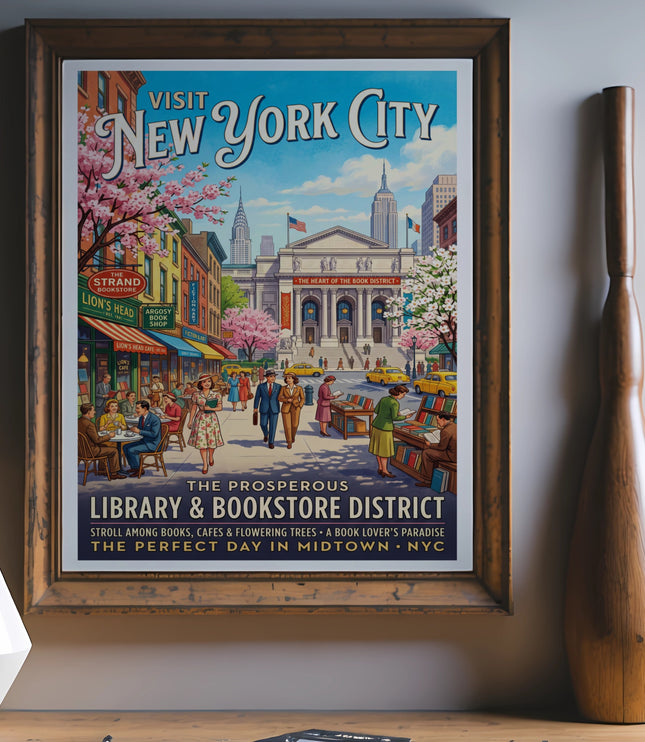 Vintage-style New York City Library & Bookstore District poster.