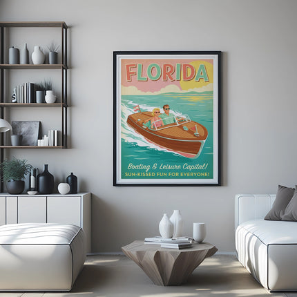 Vintage Florida travel poster featuring a boat on the water.