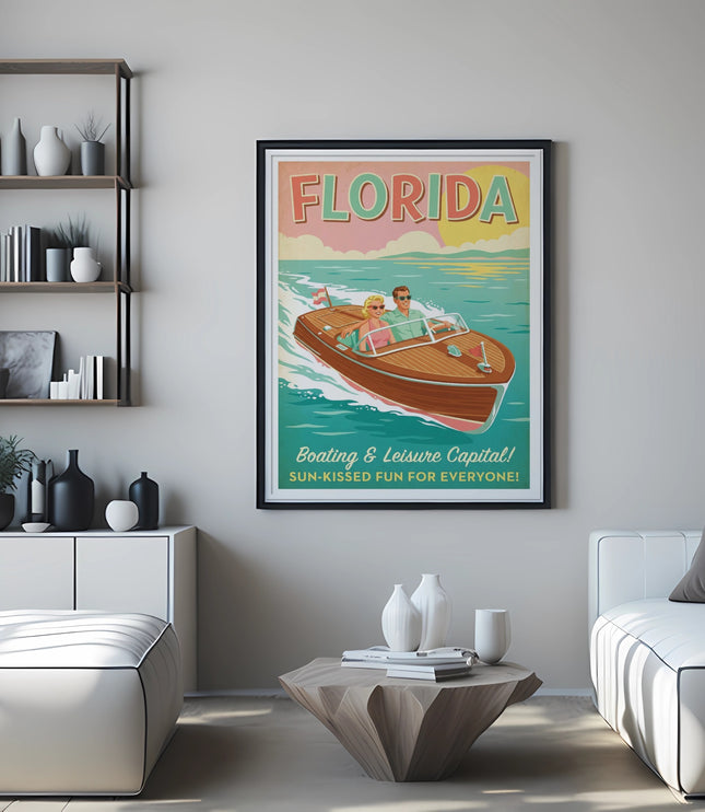 Vintage Florida travel poster featuring a boat on the water.
