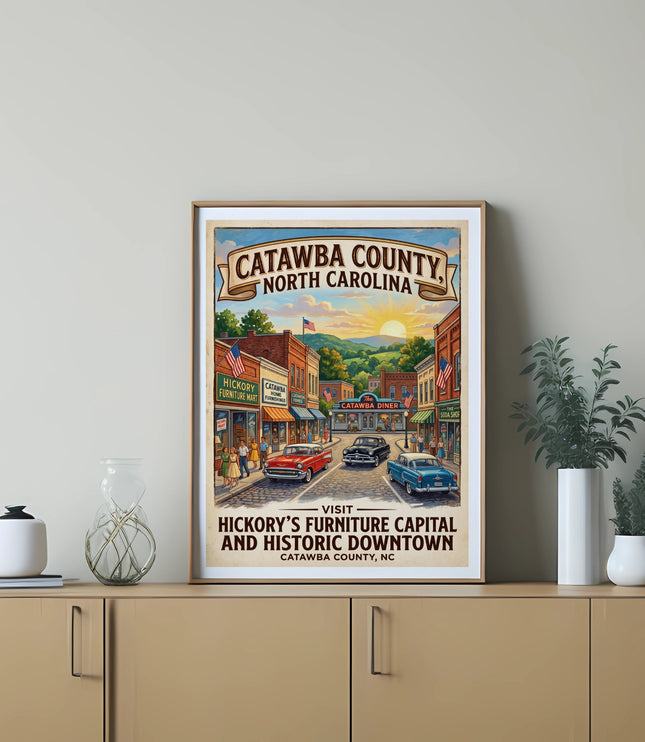 Catawba County North Carolina poster featuring downtown Hickory and vintage cars.
