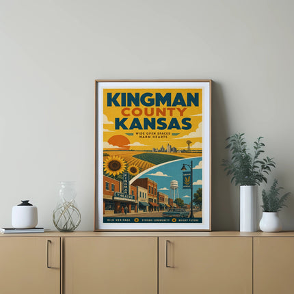 Kingman County, Kansas vintage travel poster with cityscape and sunflowers.