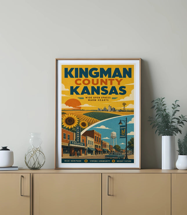 Kingman County, Kansas vintage travel poster with cityscape and sunflowers.