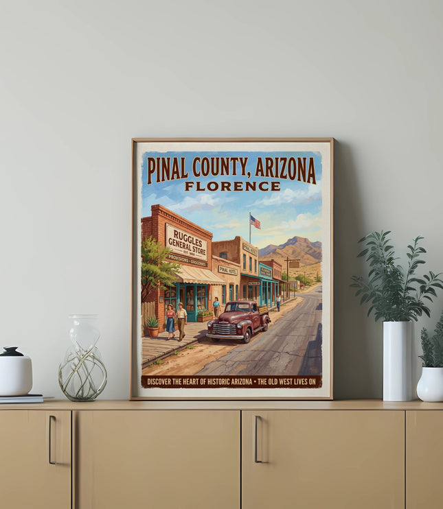 Pinal County, Arizona Florence poster featuring Ruggles General Store and American flag.