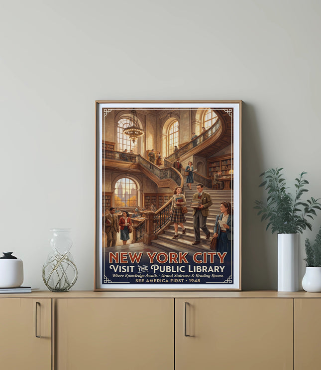 New York City Public Library vintage travel poster with people on a grand staircase.