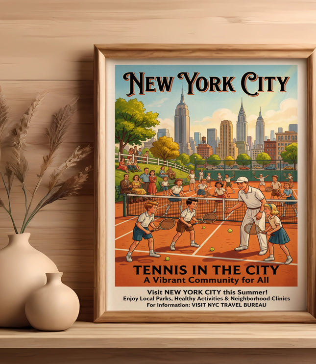 New York City vintage tennis poster featuring children playing with a teacher and city skyline.