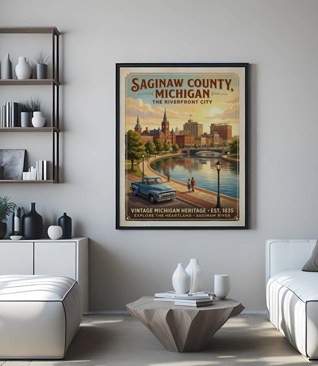 Poster of Saginaw County, Michigan, featuring the Riverfront City and vintage Michigan heritage.