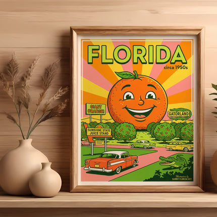 Vintage Florida postcard artwork featuring oranges, a juice stand, and classic cars.