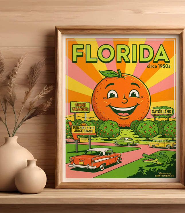 Vintage Florida postcard artwork featuring oranges, a juice stand, and classic cars.