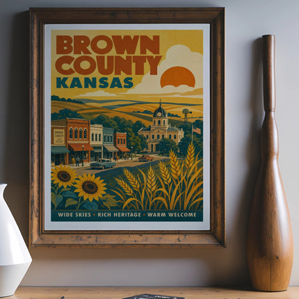 Brown County Kansas vintage travel poster with wheat, sunflowers, and town square.