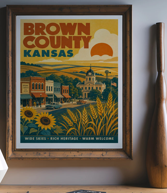 Brown County Kansas vintage travel poster with wheat, sunflowers, and town square.