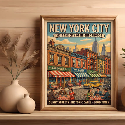 Vintage New York City poster featuring street scene and text "New York City" and "Greenwich Cafe".