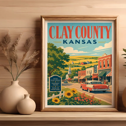 Clay County, Kansas travel poster with vintage car and town scene.