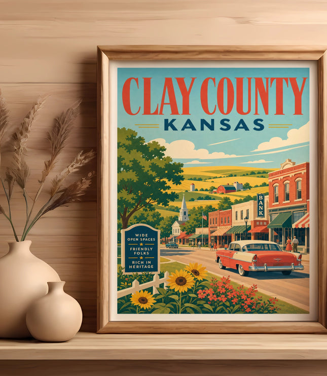 Clay County, Kansas travel poster with vintage car and town scene.