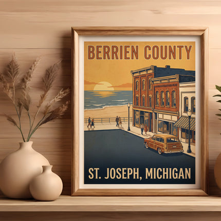Berrien County St. Joseph, Michigan vintage travel poster featuring beach and buildings.