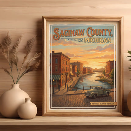 Saginaw County, Michigan art print of a riverfront town with historical text.