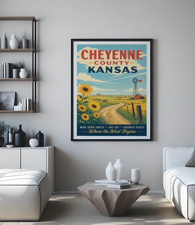 Cheyenne County Kansas vintage travel poster with sunflowers and windmill.