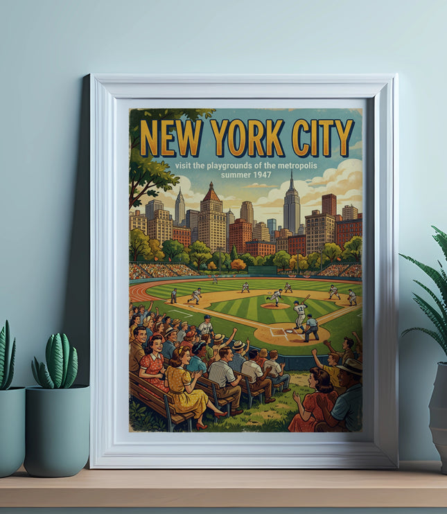 New York City baseball game vintage poster, summer 1947.