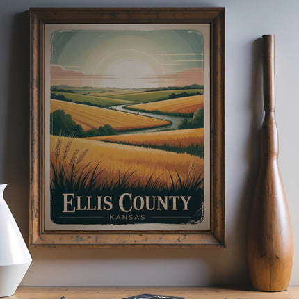 Vintage Ellis County Kansas landscape poster on wooden easel.