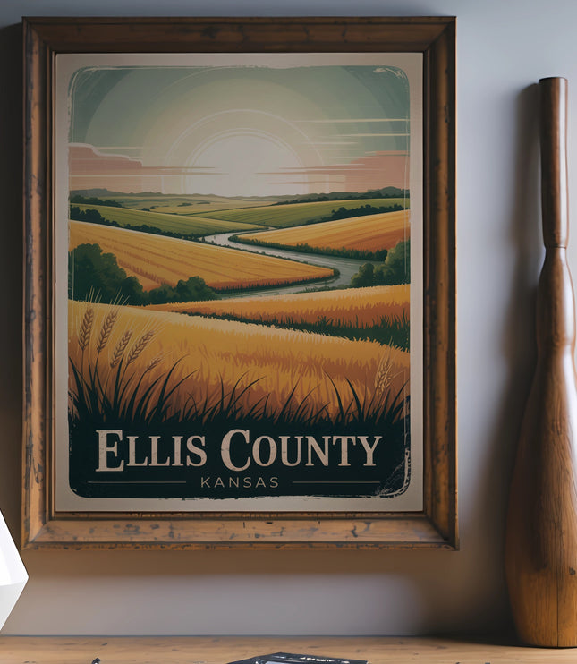 Vintage Ellis County Kansas landscape poster on wooden easel.
