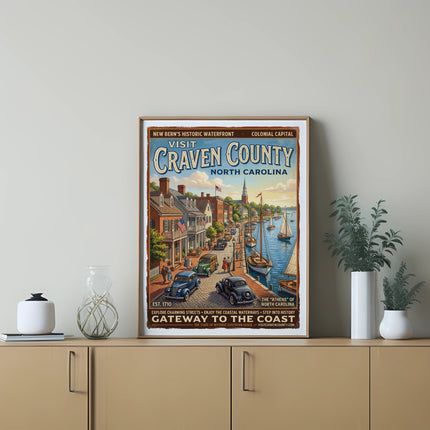 Vintage travel poster for Craven County, NC, showing historic waterfront with boats and street scene.