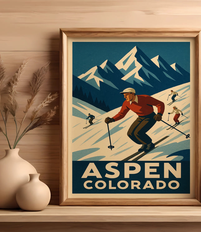 Vintage ski poster of skiers on a mountain with "ASPEN COLORADO" text.