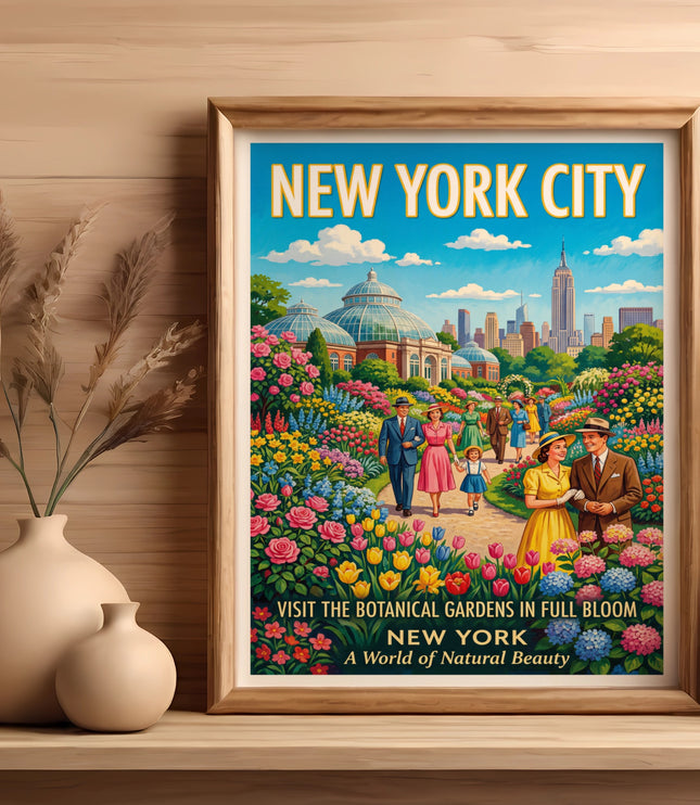 New York City vintage travel poster of botanical gardens with skyline.