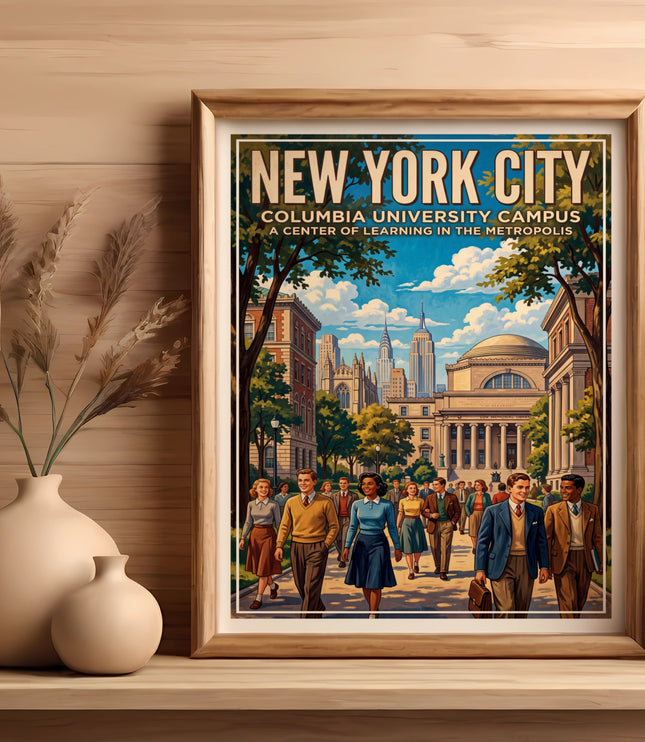 Vintage New York City poster of Columbia University campus with students walking.