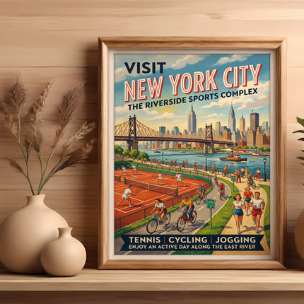 Visit New York City Riverside Sports Complex poster: tennis, cycling, jogging, East River.