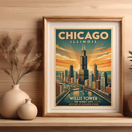 Chicago Illinois skyline poster featuring Willis Tower at golden hour.