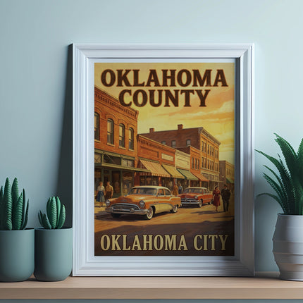 Framed vintage-style poster of Oklahoma County, Oklahoma City, showing classic cars.