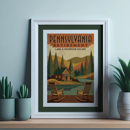 Pennsylvania Retirement Lake & Mountain Escape framed poster with rocking chairs.
