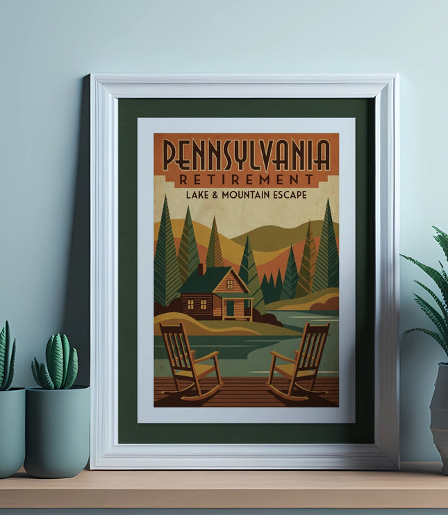 Pennsylvania Retirement Lake & Mountain Escape framed poster with rocking chairs.