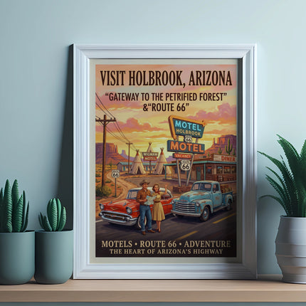 Visit Holbrook, Arizona poster with motel, diner, and Route 66 signs.