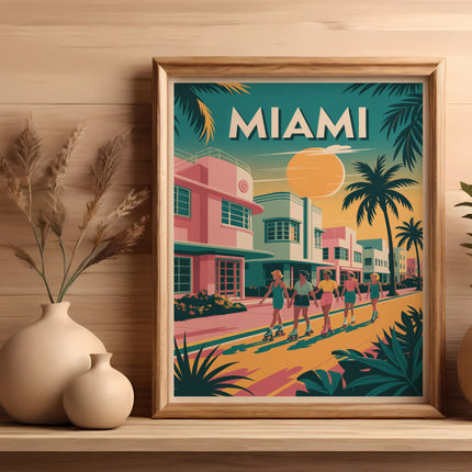 Art print of people rollerblading on a sunny Miami street with palm trees.