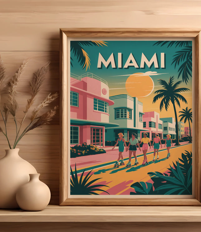 Art print of people rollerblading on a sunny Miami street with palm trees.