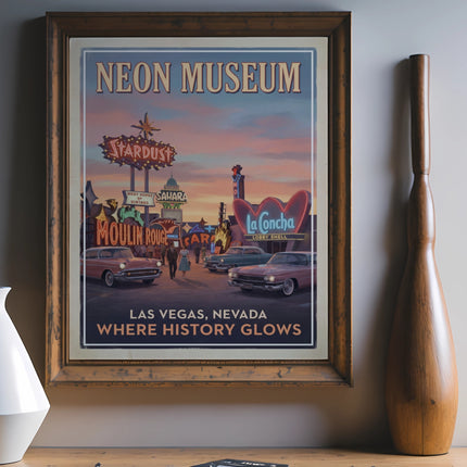 Neon Museum Las Vegas poster with vintage cars and glowing signs, "Where History Glows".