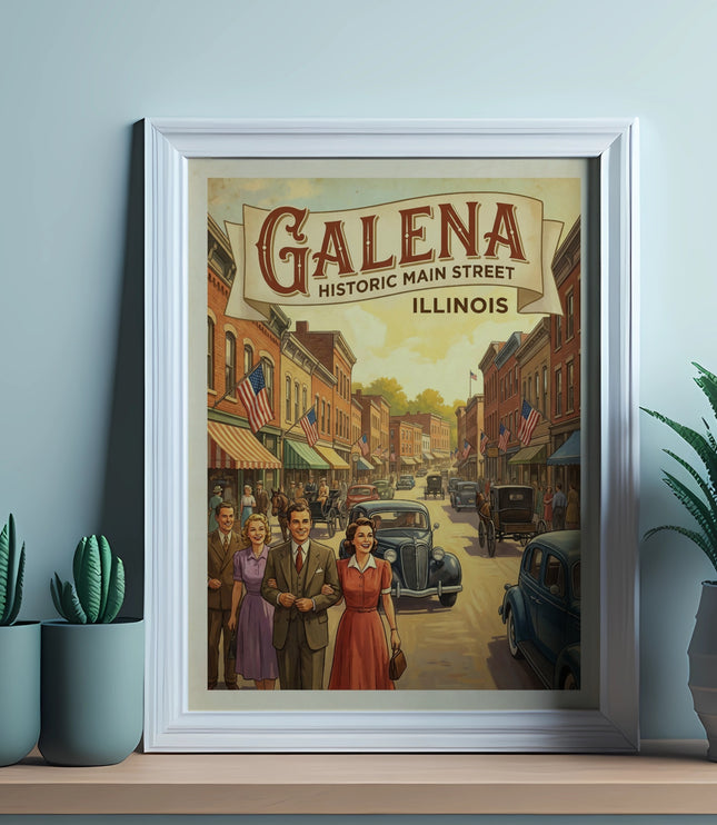 Framed artwork depicts "Galena Historic Main Street Illinois" with vintage people and cars.