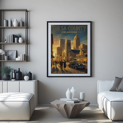 Framed art print of Tulsa County, Oklahoma skyline with vintage car and people