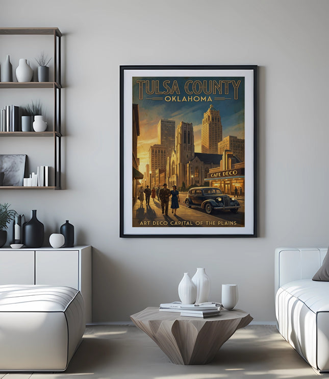 Framed art print of Tulsa County, Oklahoma skyline with vintage car and people